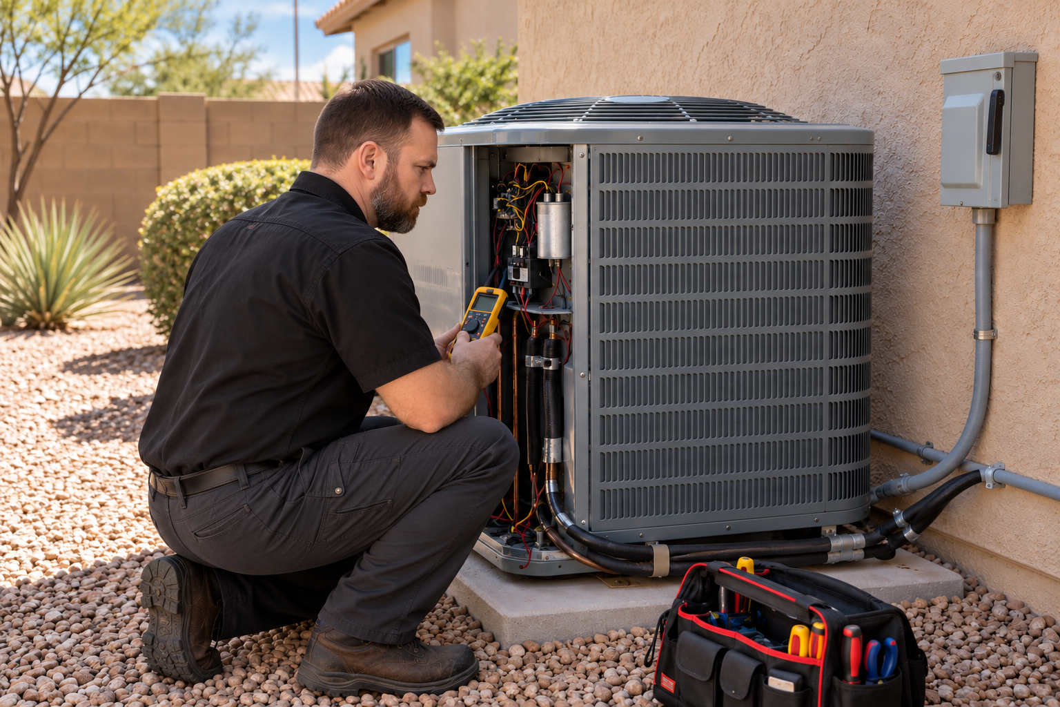 HVAC technician servicing outdoor condenser